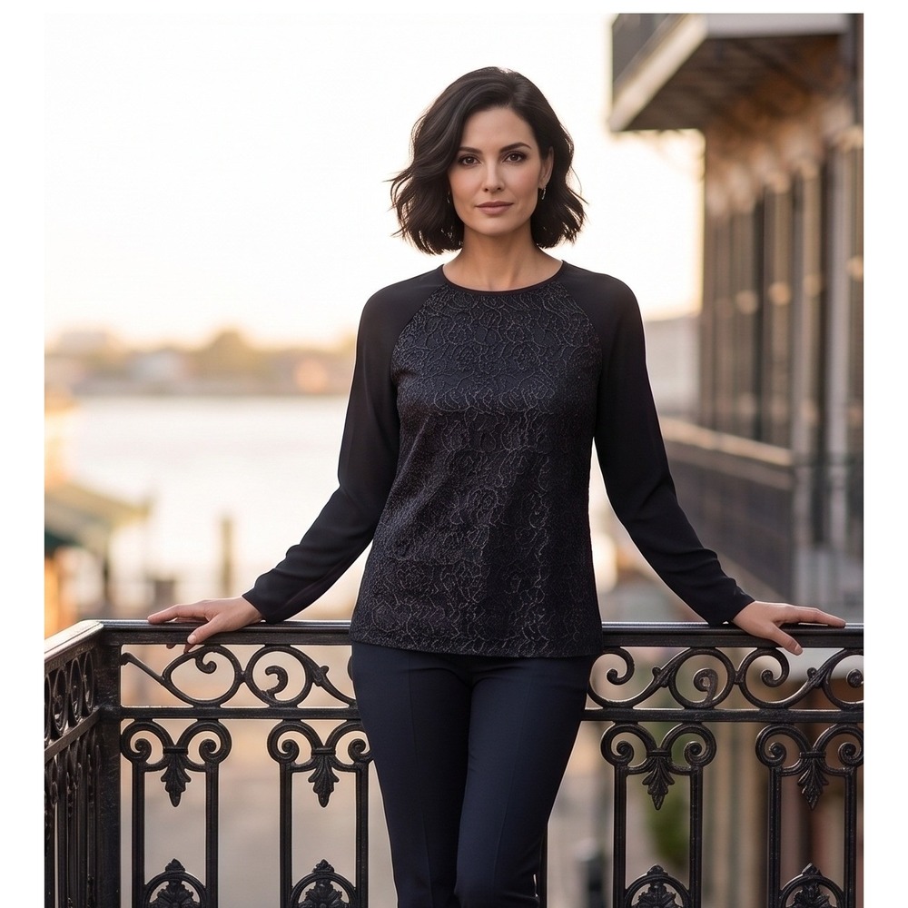 Ann Taylor Womens Black Lace Front Shimmer Long Sleeve Blouse Size L